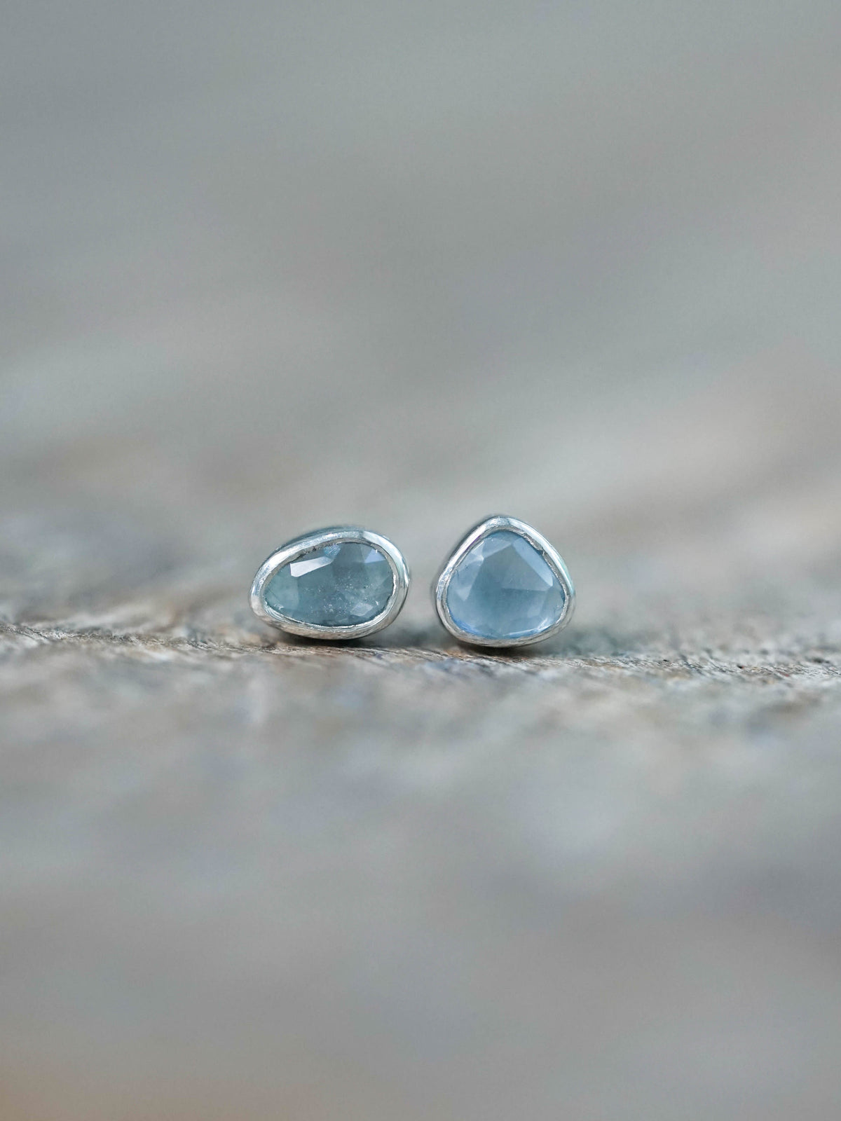 Rose Cut Blue Sapphire Stud Earrings in Recycled Sterling Silver