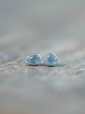 Rose Cut Blue Sapphire Stud Earrings in Recycled Sterling Silver