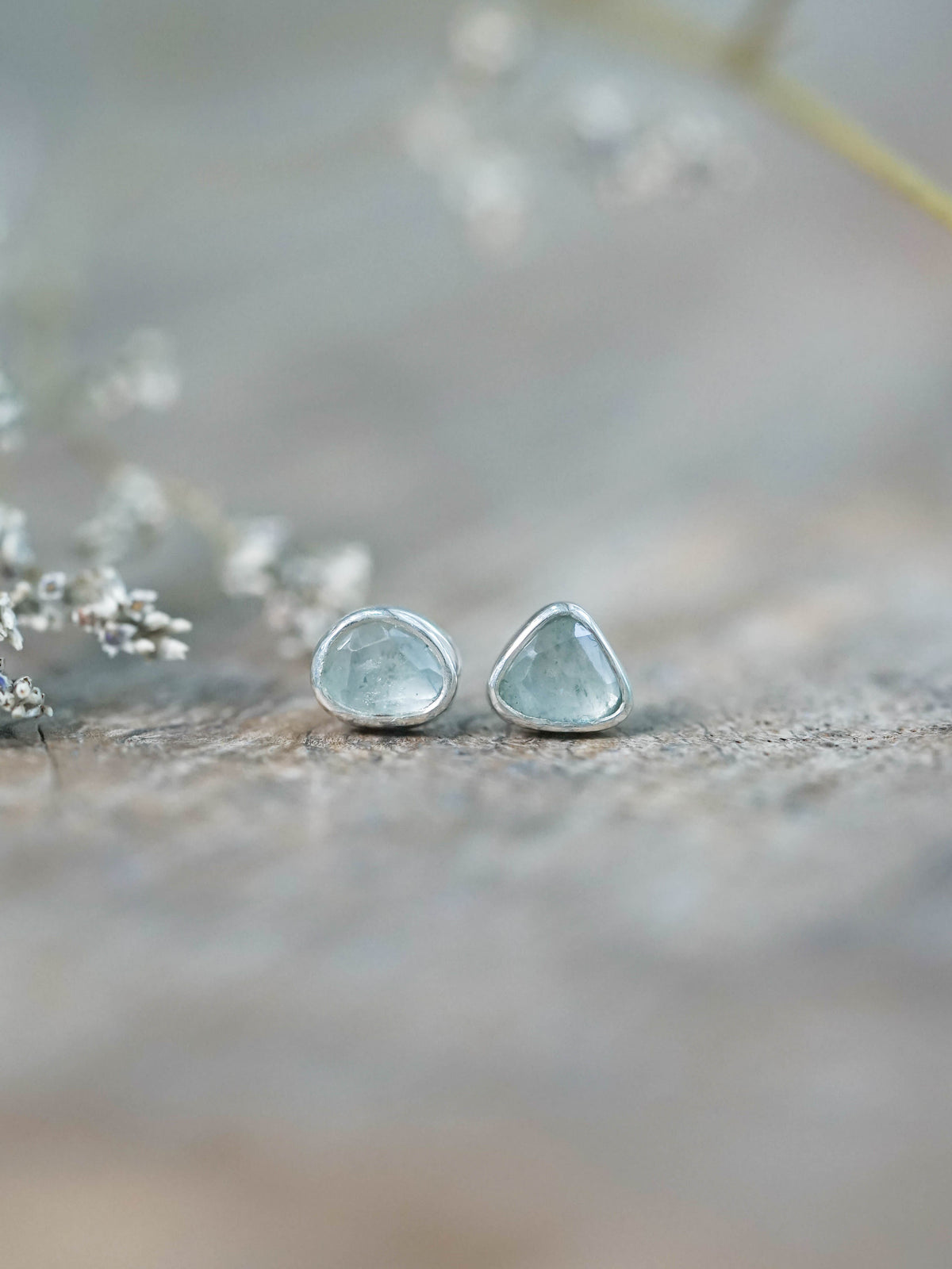 Rose Cut Blue Sapphire Stud Earrings in Sterling Silver