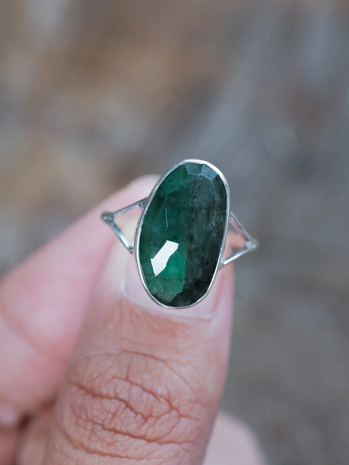 Rose Cut Emerald Engagement Ring in Sterling Silver