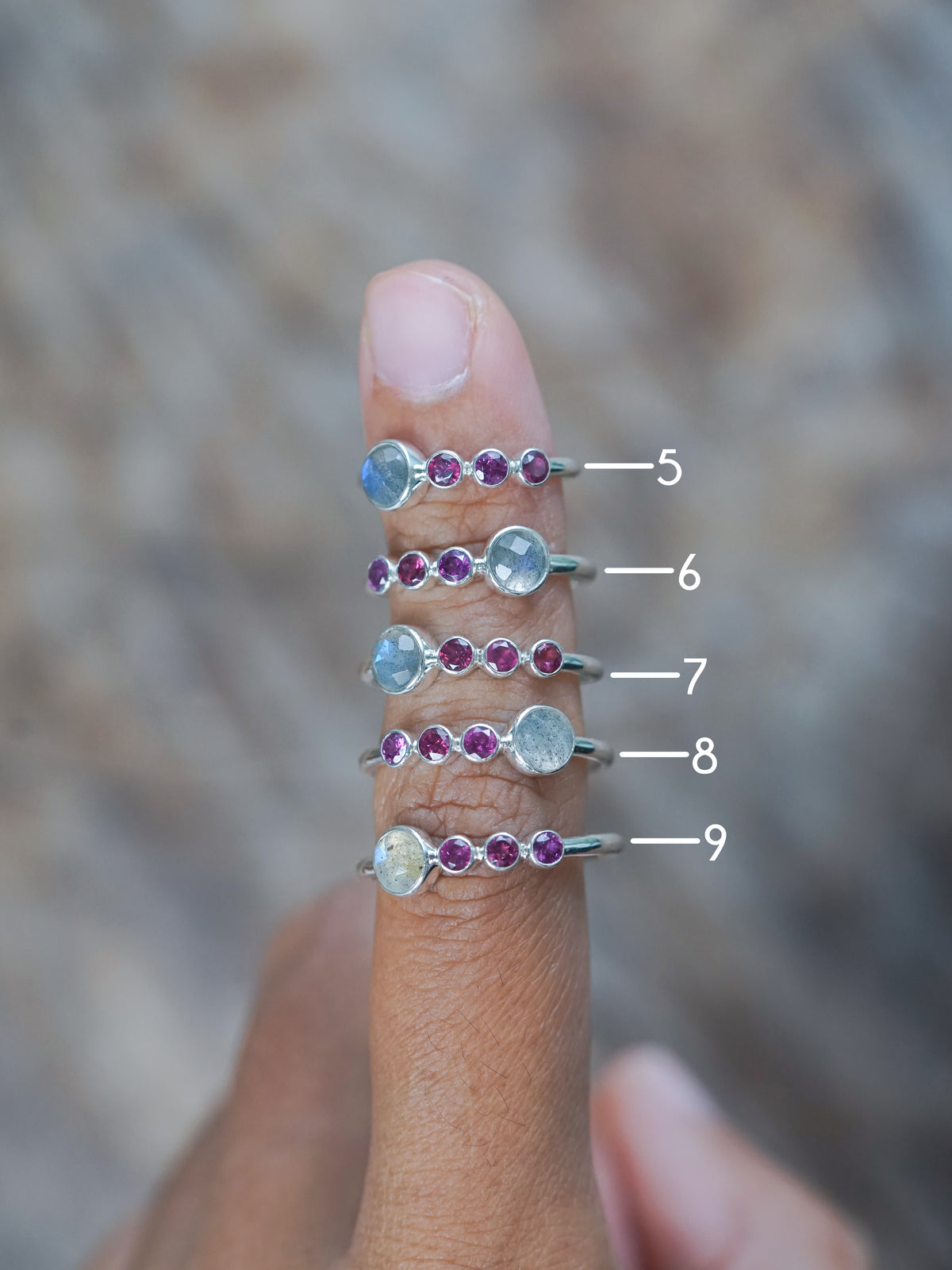 Rose Cut Labradorite and Garnet Rings