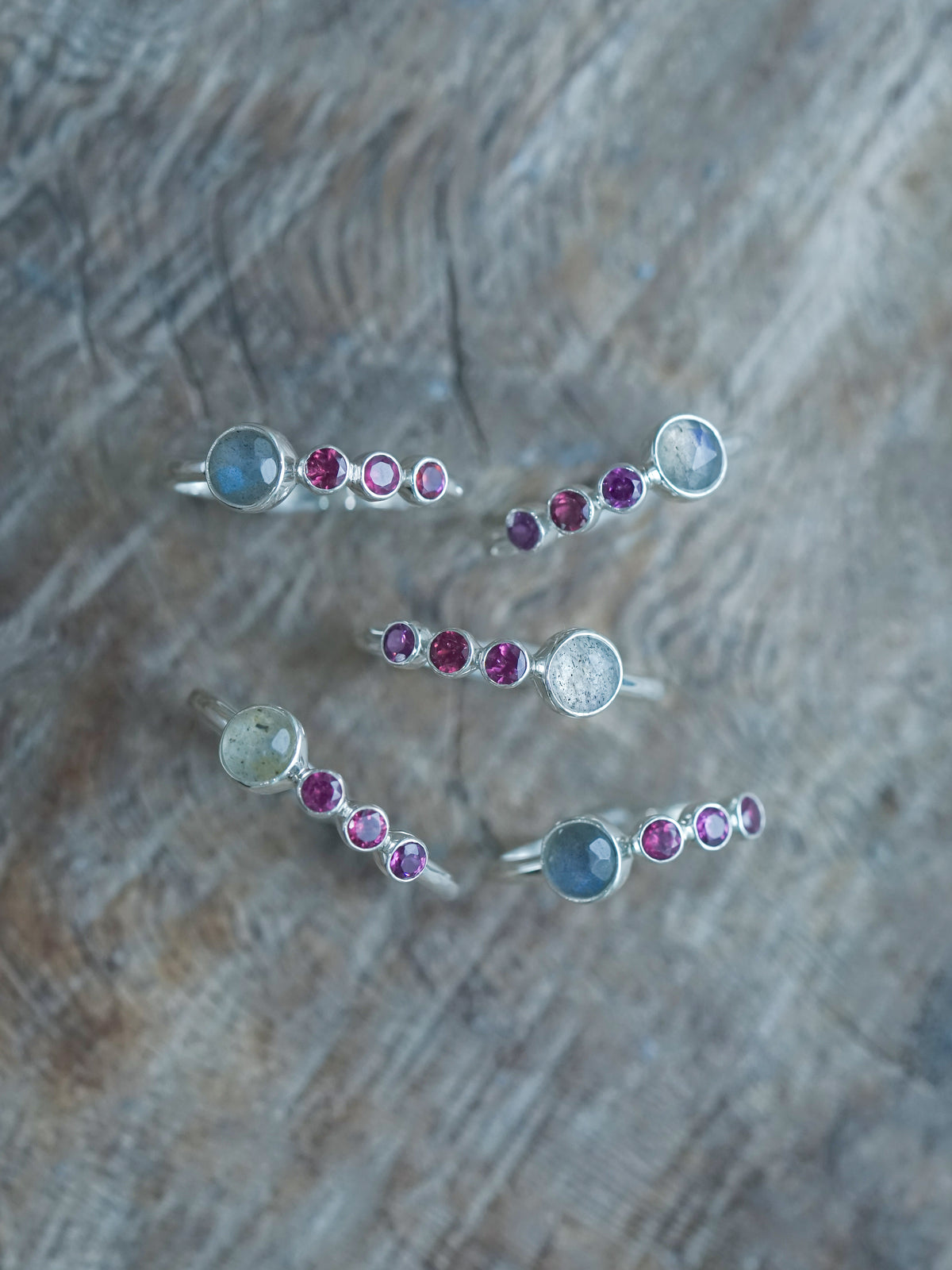 Rose Cut Labradorite and Garnet Rings in recycled sterling silver