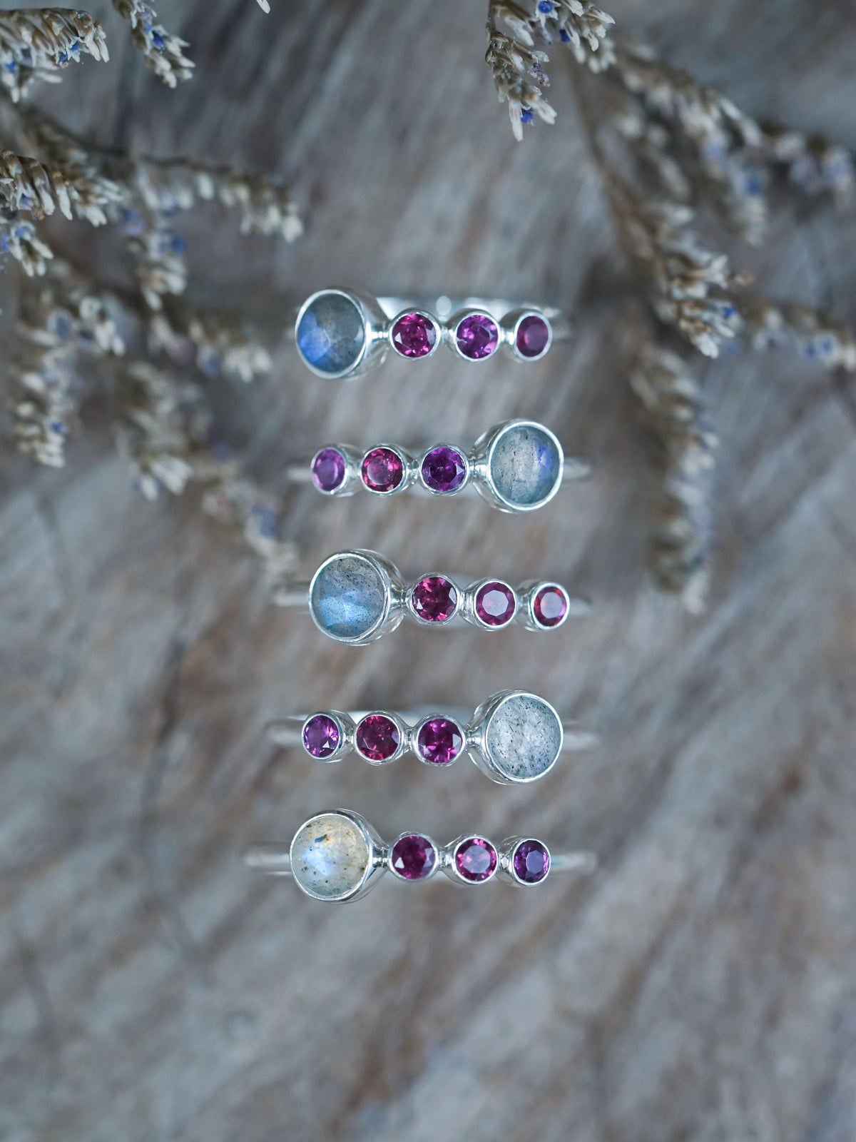 Rose Cut Labradorite and Garnet Rings in sterling silver