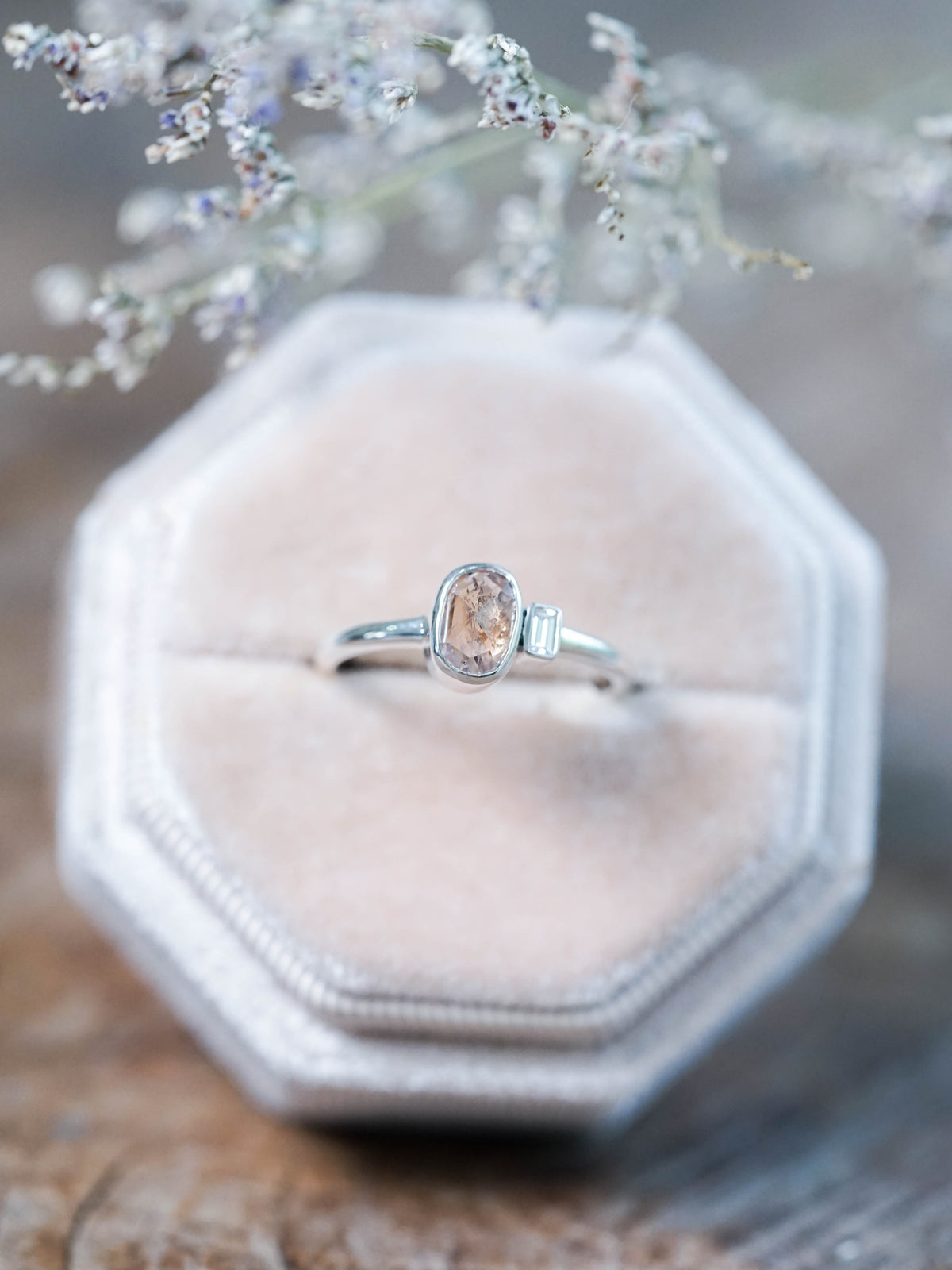 Rose Cut Montana Sapphire and Diamond Engagement Ring in Sterling Silver