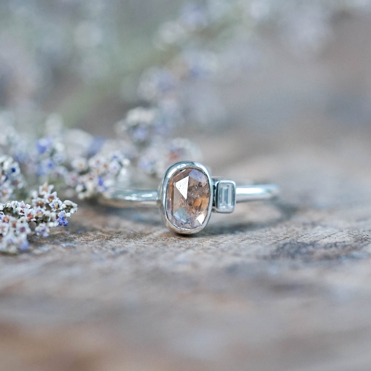 Rose Cut Montana Sapphire and Diamond Ring in Sterling Silver