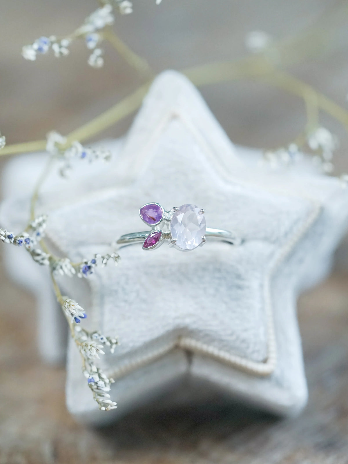 Rose Quartz, Ruby, and Pink Sapphire Ring