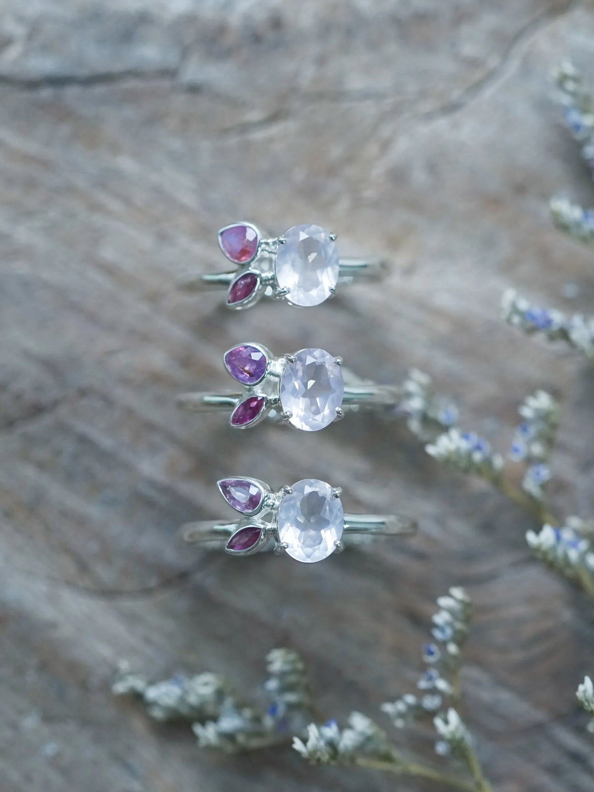 Rose Quartz, Ruby, and Pink Sapphire Rings in Silver