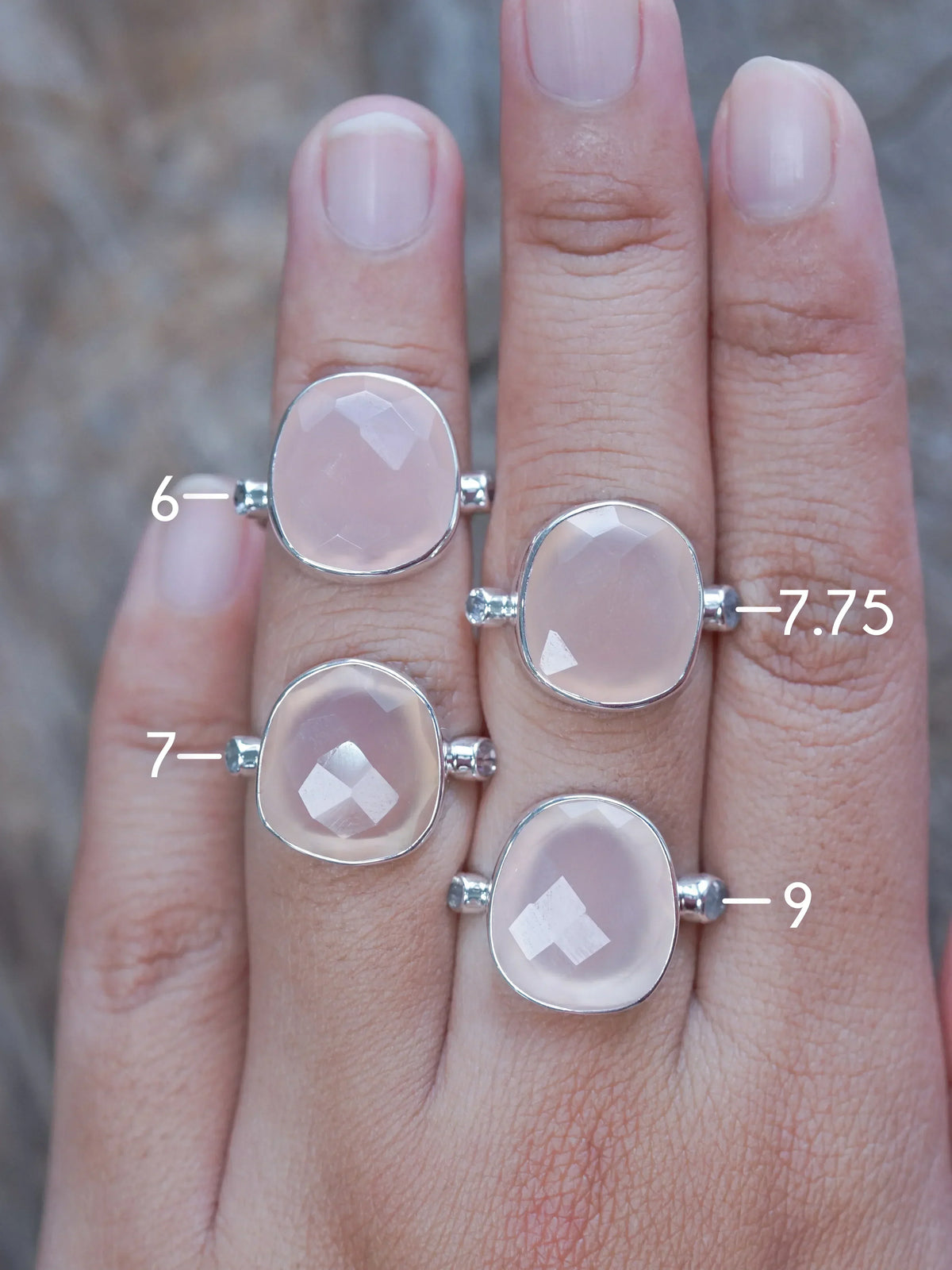Rose Quartz and Moonstone Rings in Silver