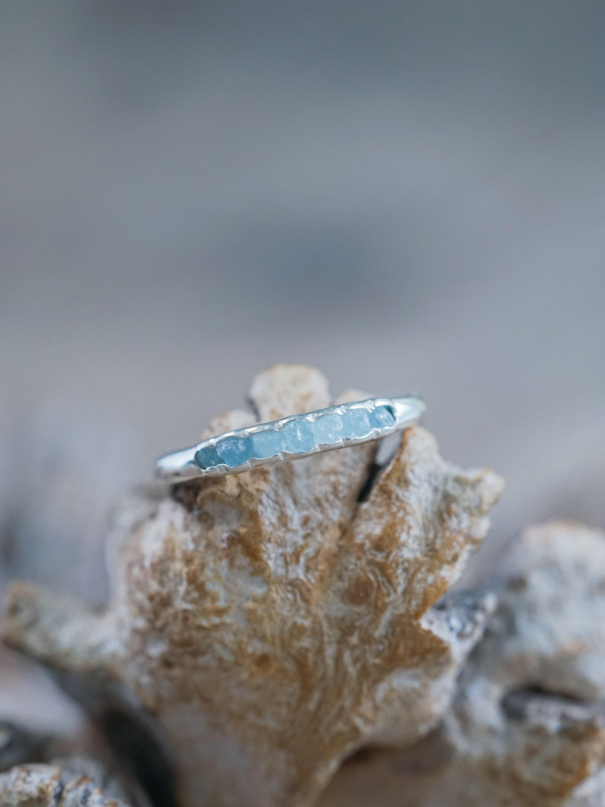 Rough Aquamarine Ring with Hidden Gems