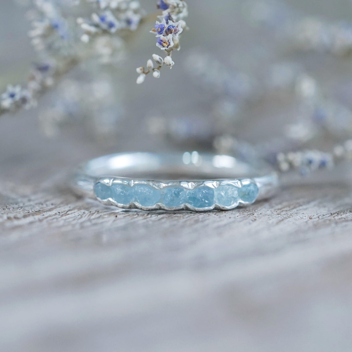 Rough Aquamarine Ring with Hidden Gems in sterling silver