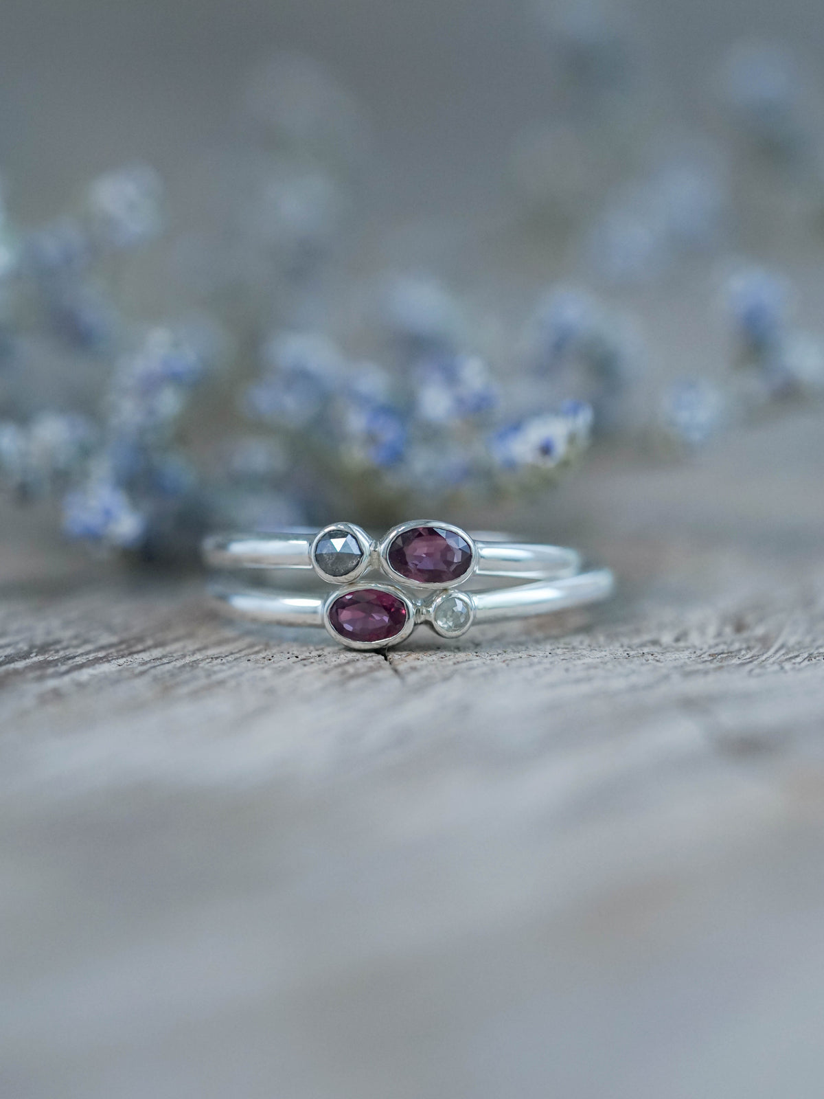 Ruby and Diamond Rings in recycled sterling silver