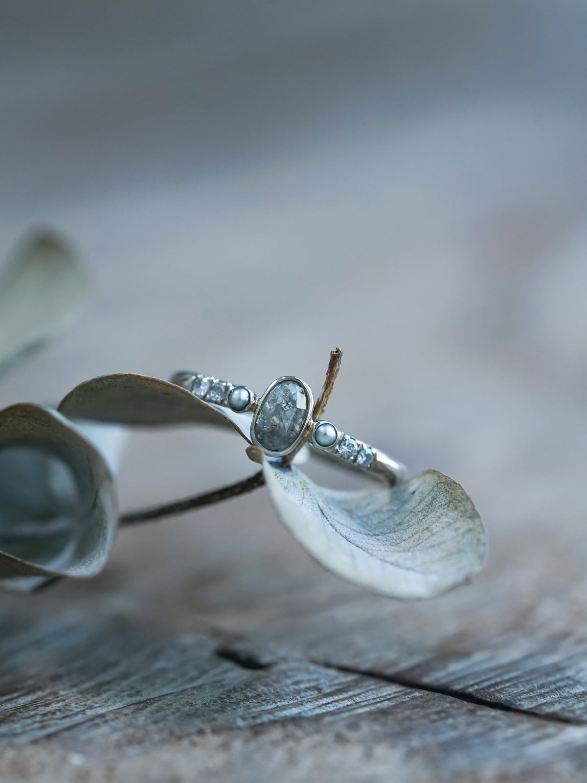 Salt and Pepper Diamond and Pearl Ring in White Gold - Ethical Jewelry | Gardens of the Sun