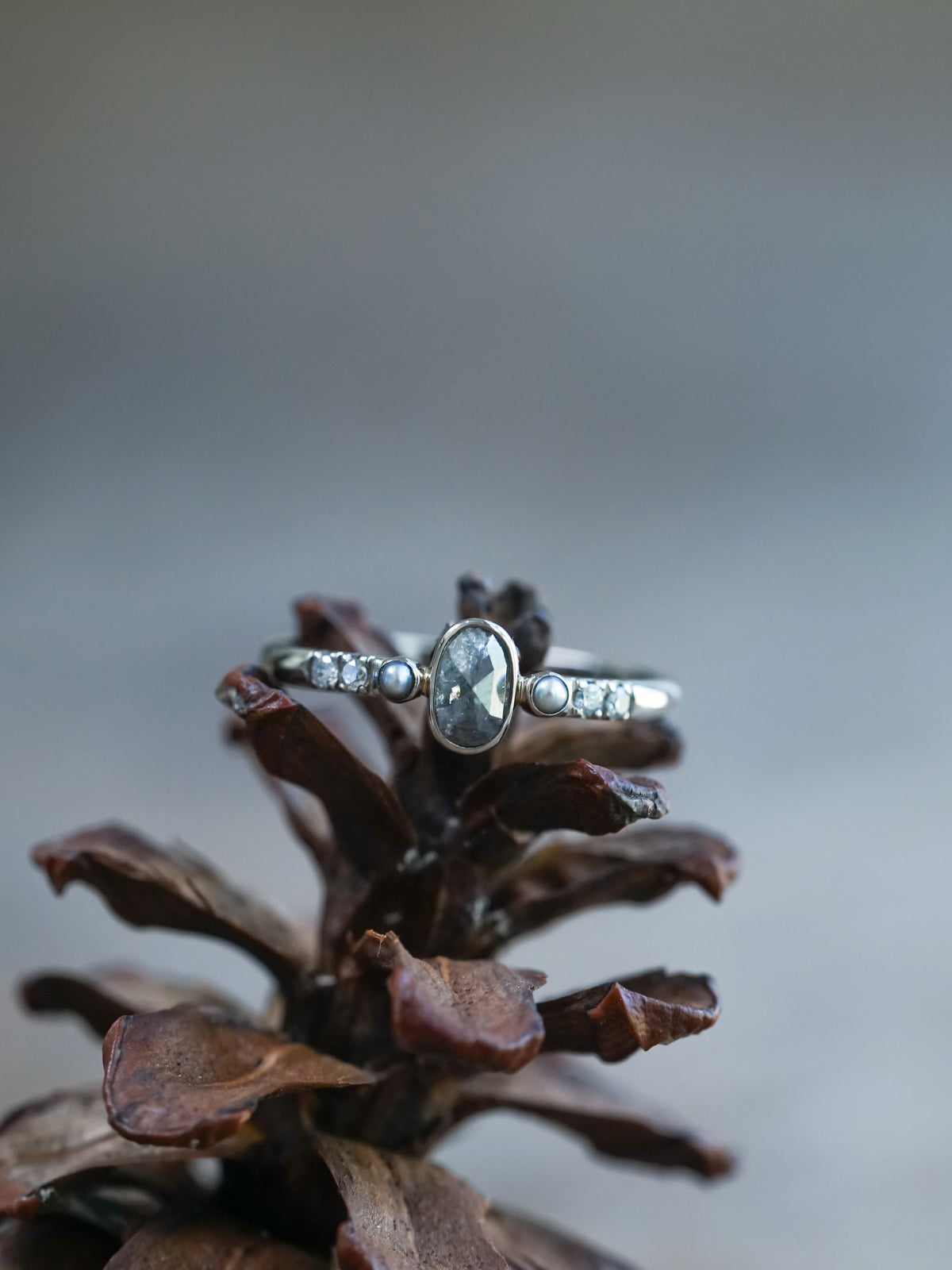 Salt and Pepper Diamond and Pearl Ring in White Gold - Ethical Jewelry | Gardens of the Sun