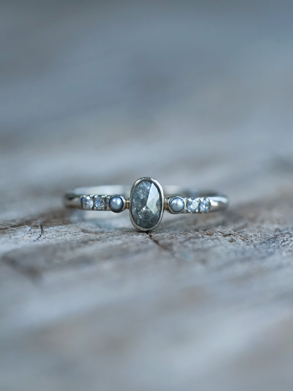 Salt and Pepper Diamond and Pearl Ring in White Gold - Ethical Jewelry | Gardens of the Sun