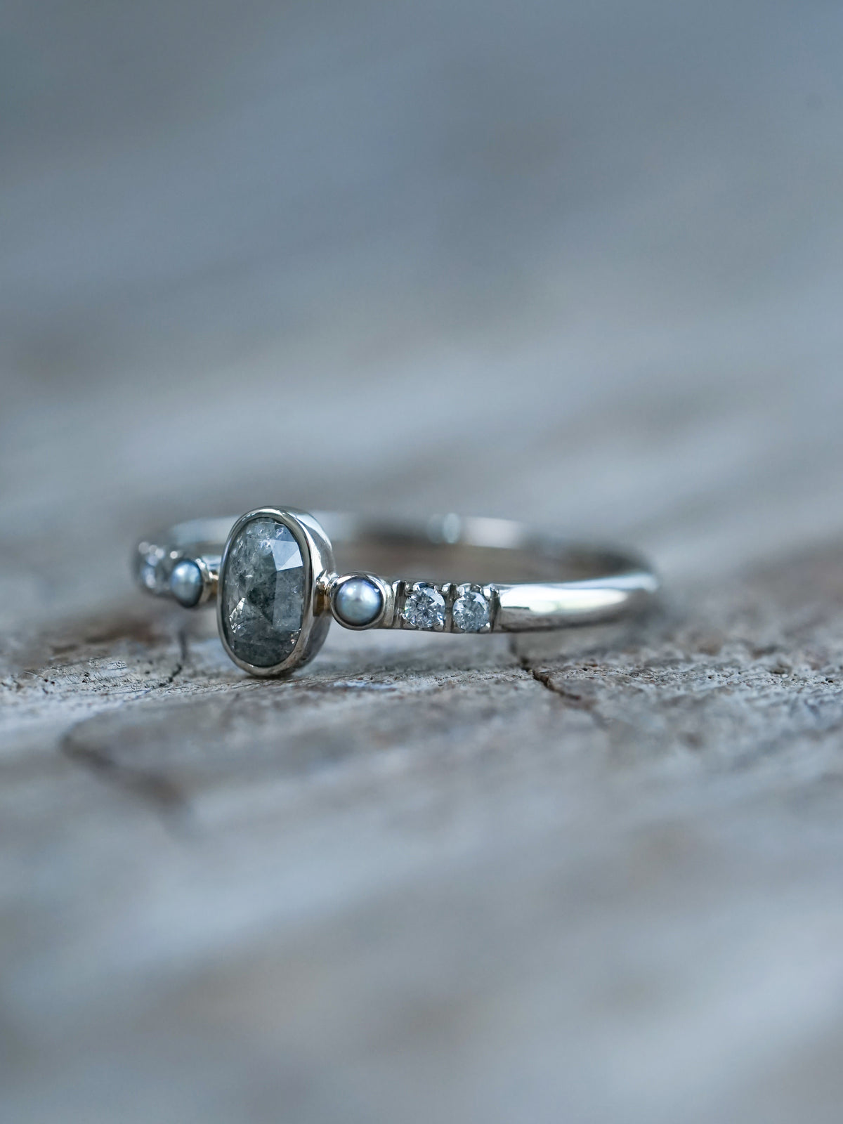 Salt and Pepper Diamond and Pearl Ring in White Gold - Ethical Jewelry | Gardens of the Sun