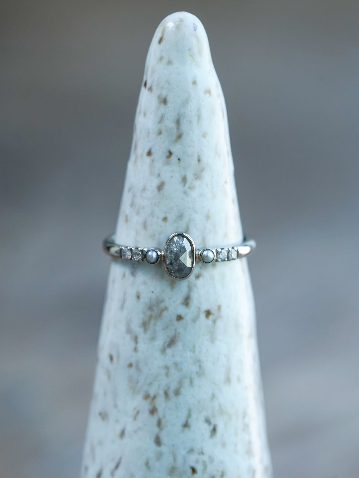 Salt and Pepper Diamond and Pearl Ring in White Gold - Ethical Jewelry | Gardens of the Sun