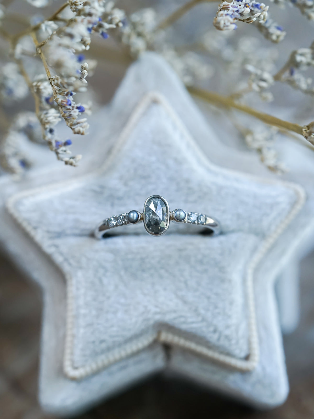 Salt and Pepper Diamond and Pearl Ring in White Gold - Ethical Jewelry | Gardens of the Sun