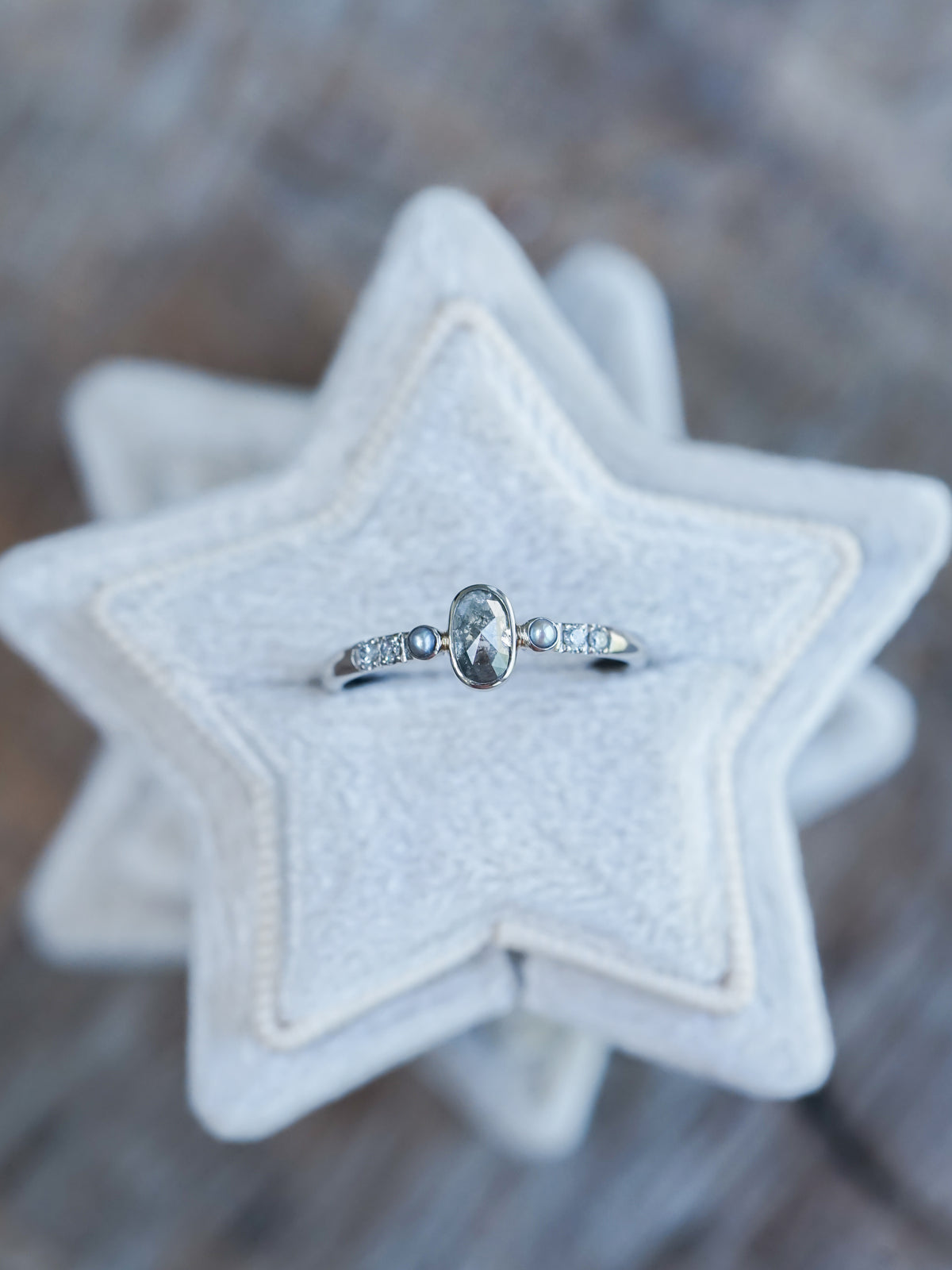Salt and Pepper Diamond and Pearl Ring in White Gold - Ethical Jewelry | Gardens of the Sun