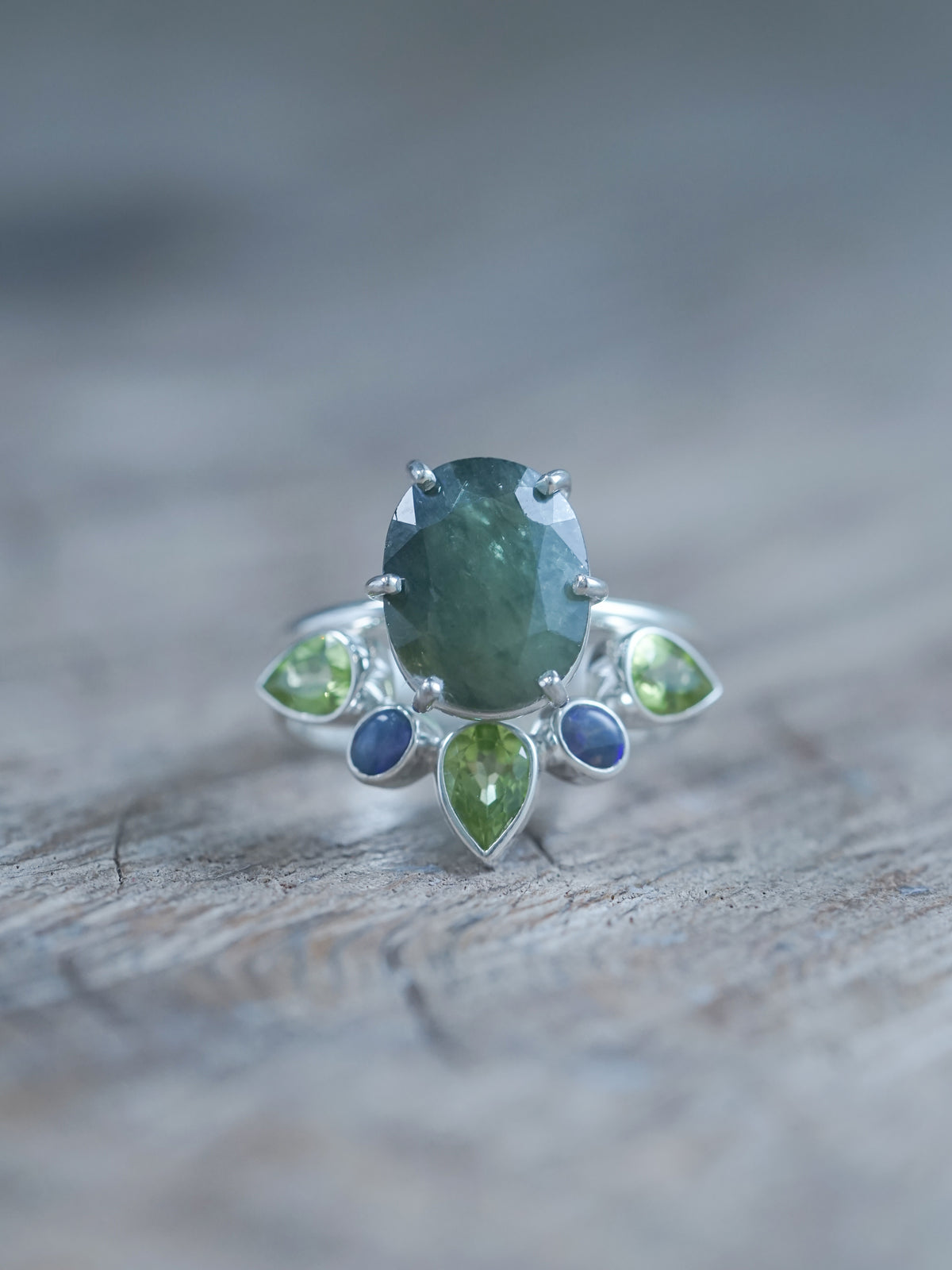 Sapphire, Peridot, and Opal Ring Set with recycled sterling silver in detailed