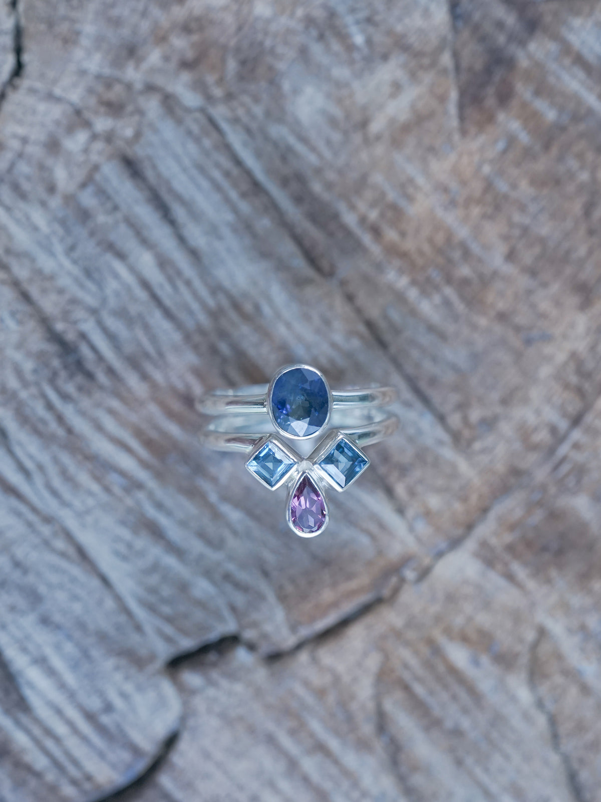 Sapphire, Topaz and Garnet Ring Set in recycled sterling silver