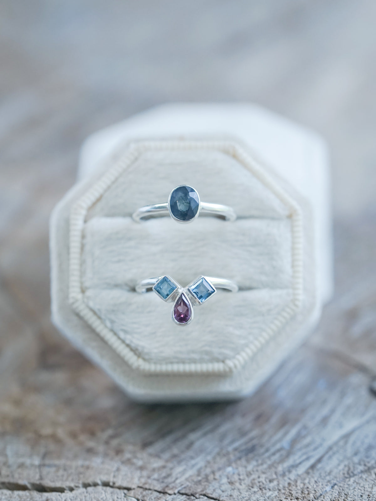 Sapphire, Topaz and Garnet Ring Set in velvet box