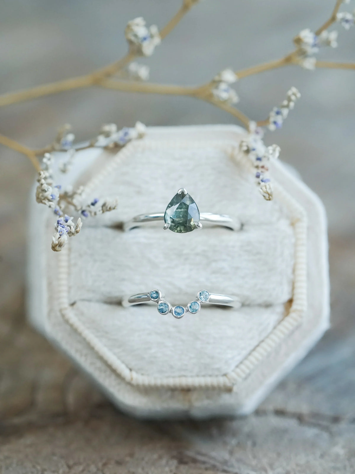 Sapphire and Aquamarine Engagement Ring Set
