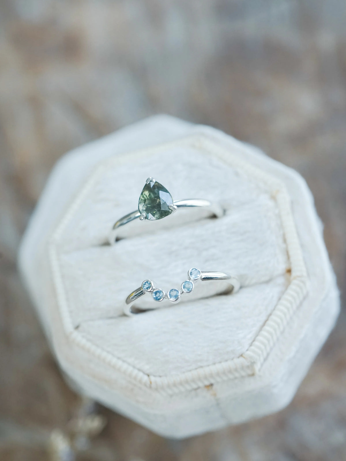 Sapphire and Aquamarine Ring Set for Engagement in Silver
