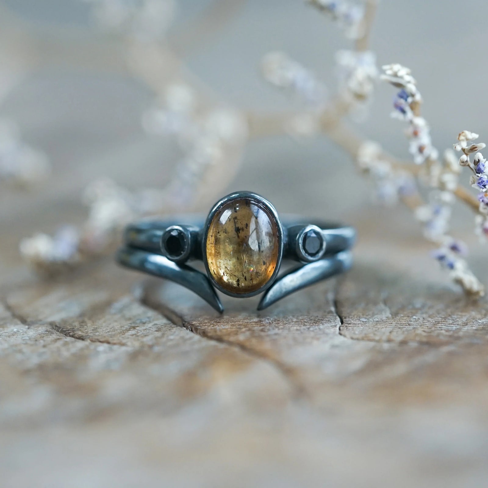 Sapphire and Black Spinel Ring Set in Oxidized Silver