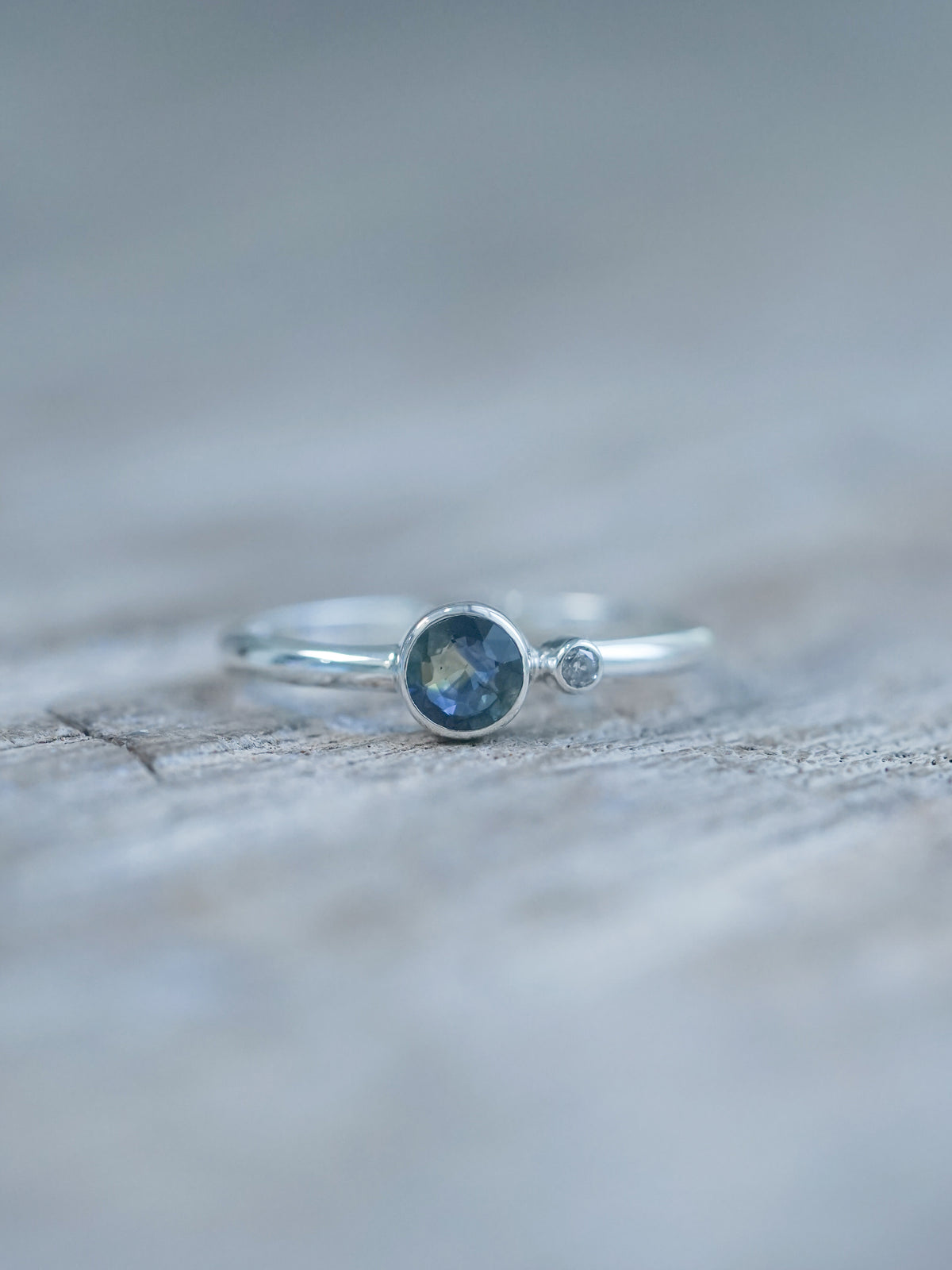 Sapphire and Salt and Pepper Diamond Ring | Recycled sterling silver - Birthstone Jewelry