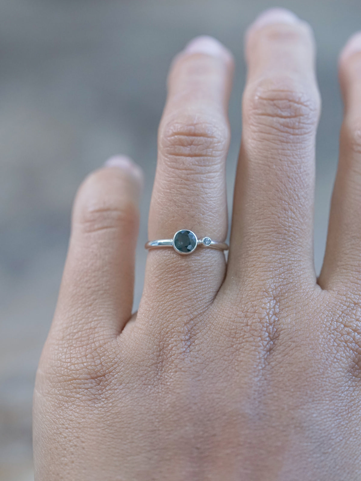 Sapphire and Salt and Pepper Diamond Ring | Recycled sterling silver - US Size