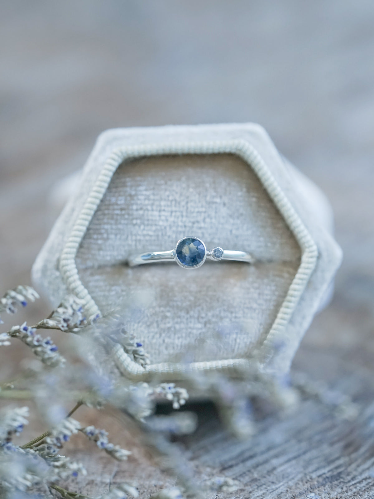 Sapphire and Salt and Pepper Diamond Ring in velvet box