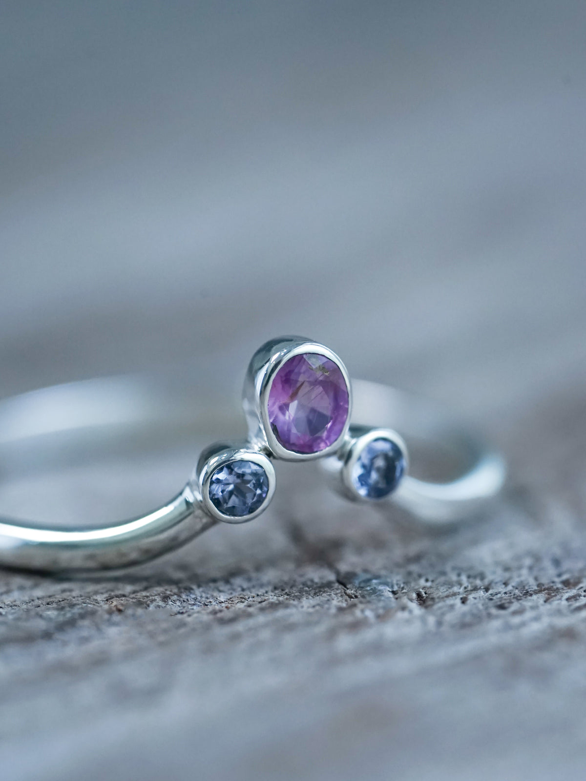 Sapphire and Tanzanite Ring in recycled sterling silver