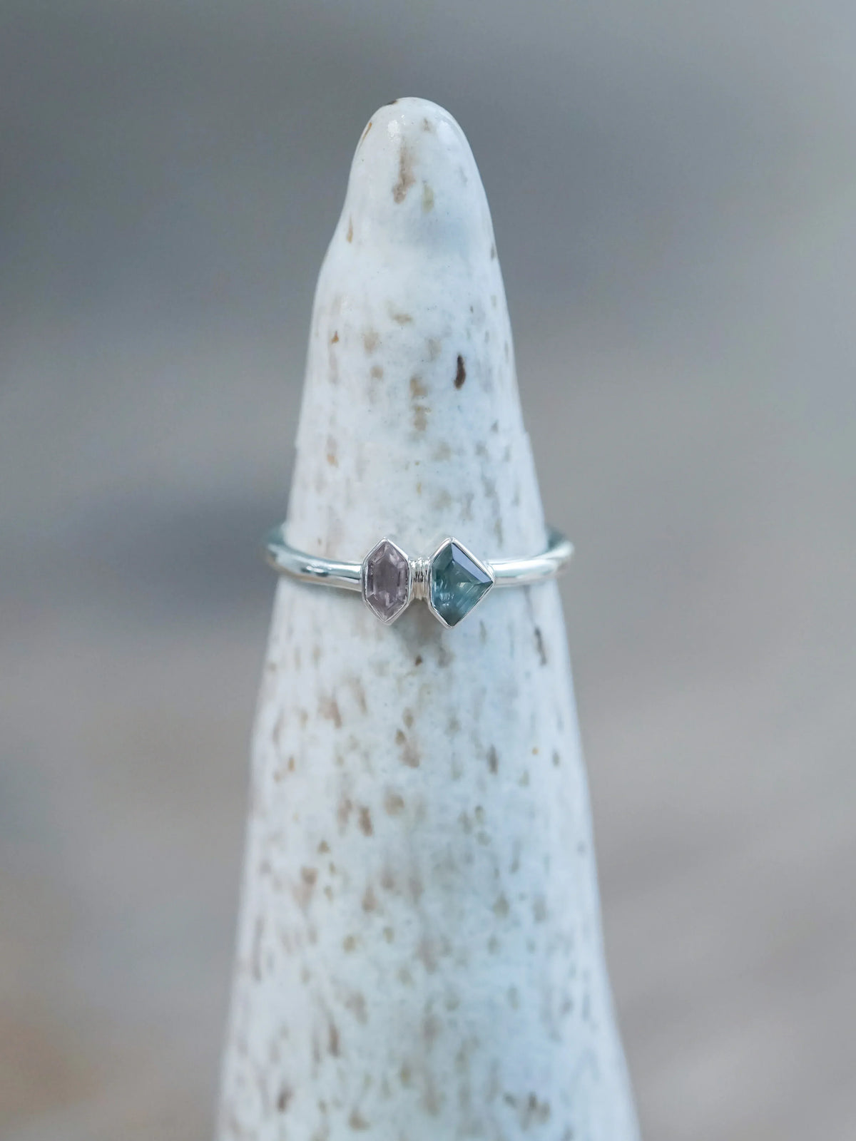 Shield Sapphire and Hexagon Tourmaline Ring Silver