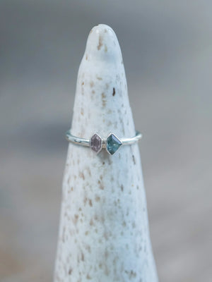 Shield Sapphire and Hexagon Tourmaline Ring Silver