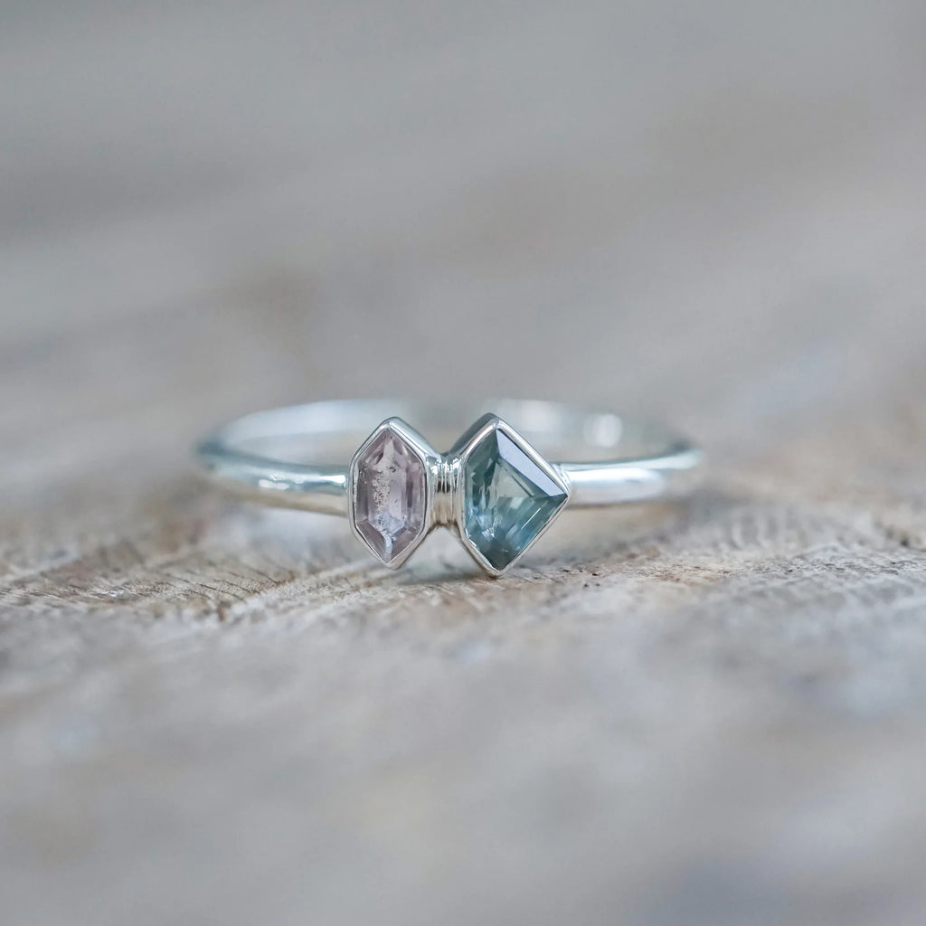Shield Sapphire and Hexagon Tourmaline Ring Sterling Silver