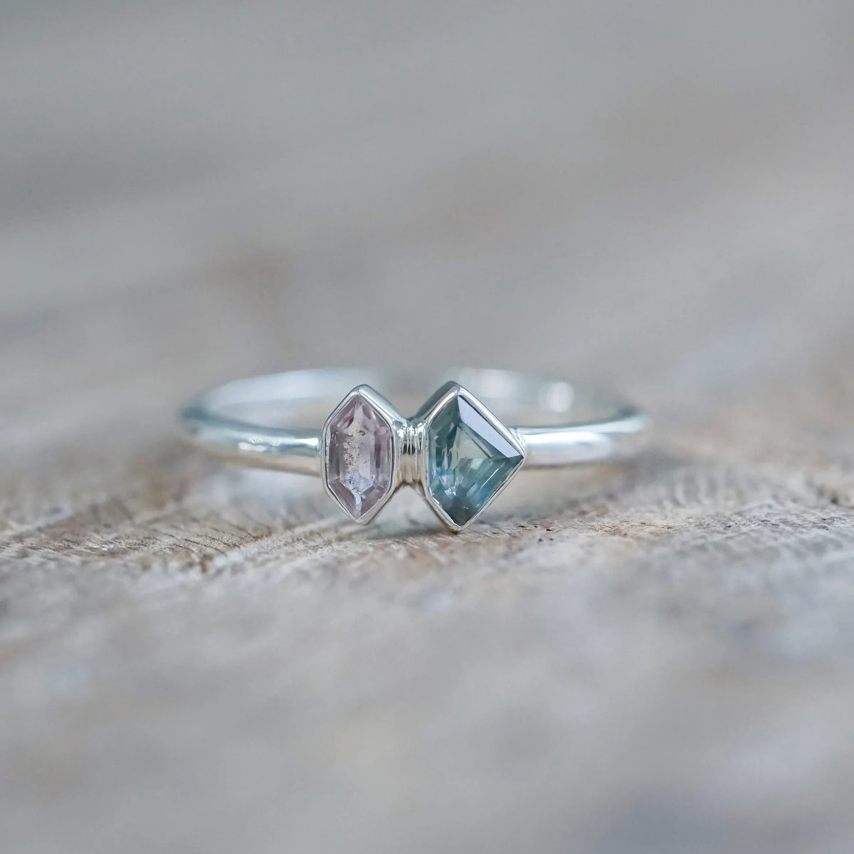 Shield Sapphire and Hexagon Tourmaline Ring Sterling Silver