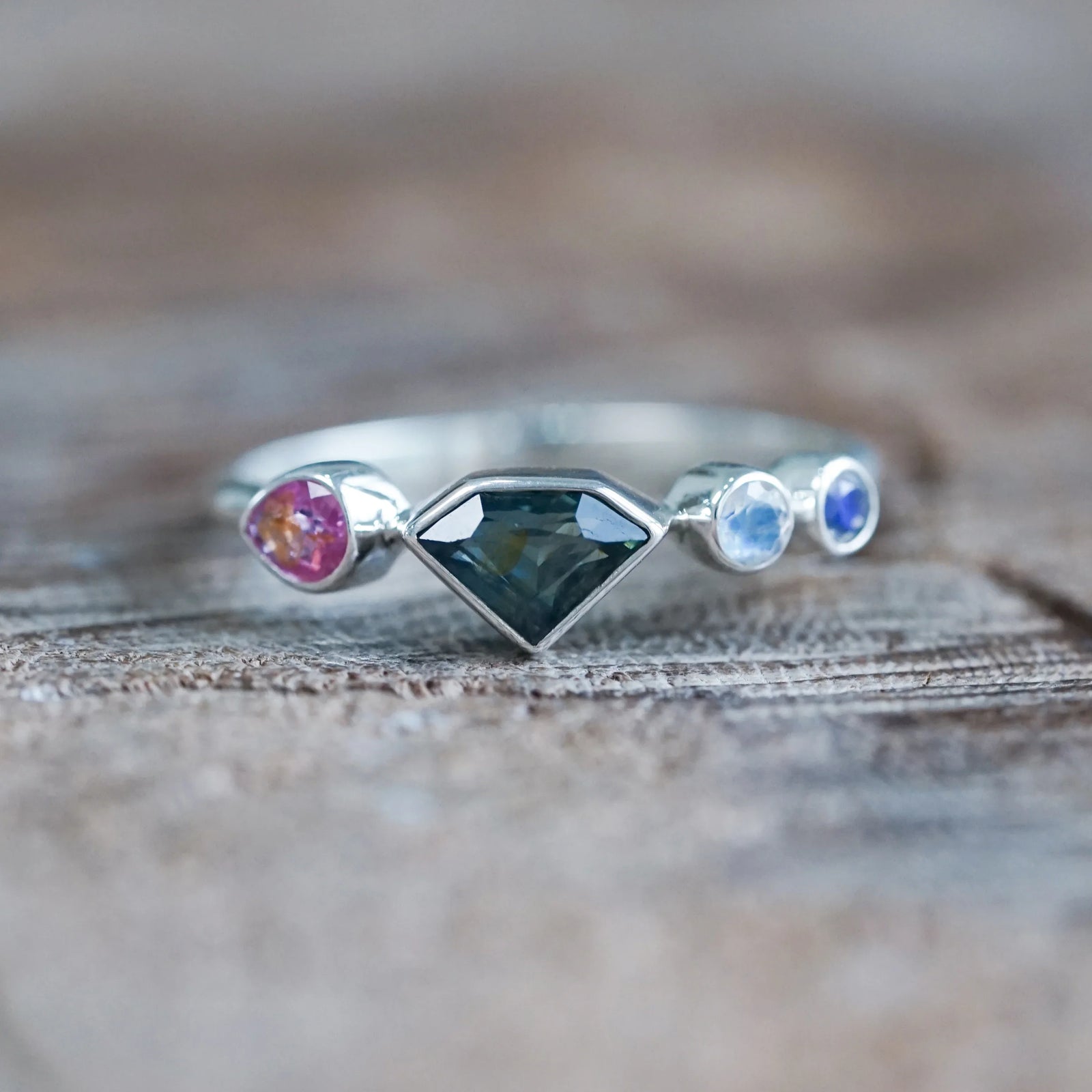 Shield Sapphire and Moonstone Ring
