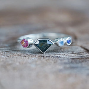 Shield Sapphire and Moonstone Ring