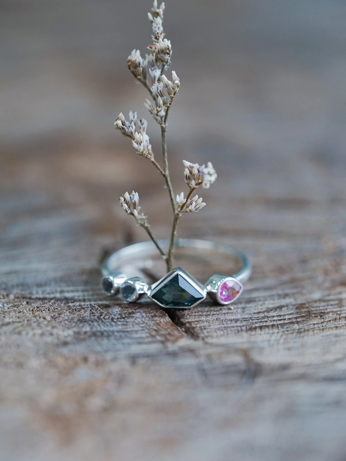 Shield Sapphire and Moonstone Ring in Recycled Sterling Silver