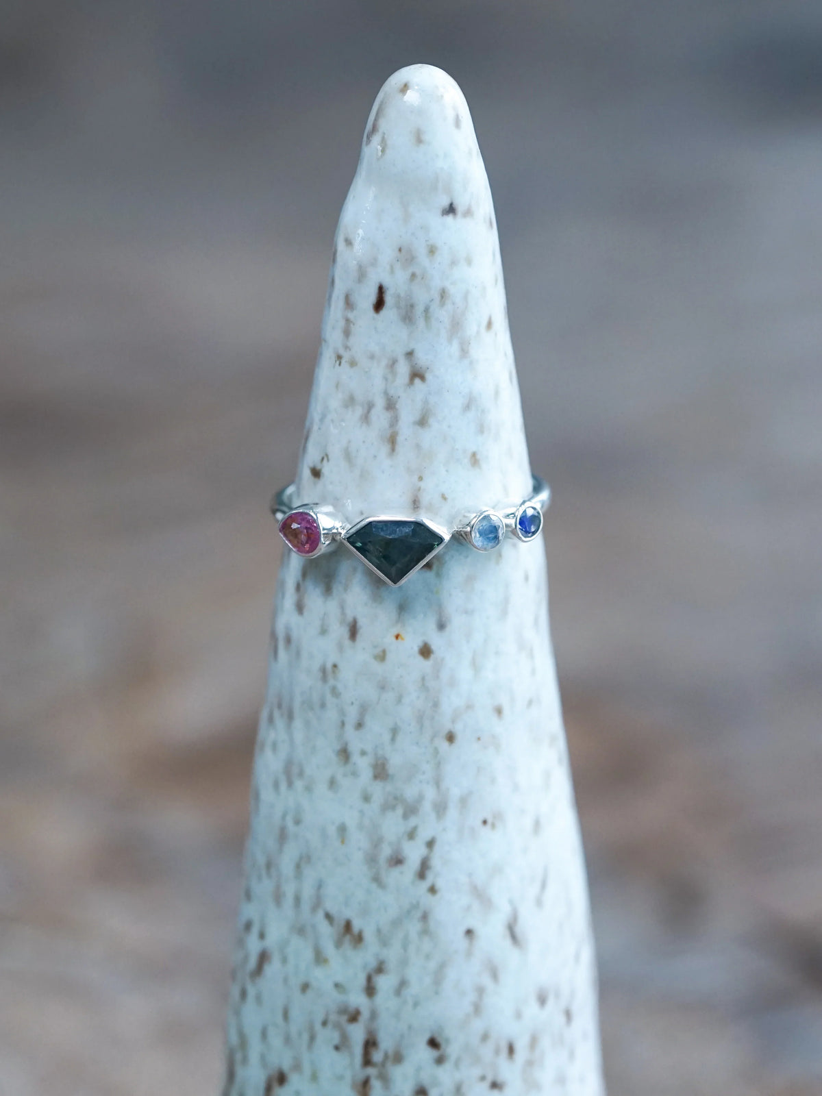 Shield Sapphire and Moonstone Ring in Silver