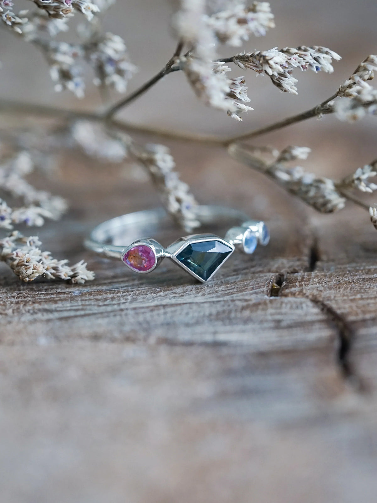 Shield Sapphire and Moonstone Ring in Sterling Silver