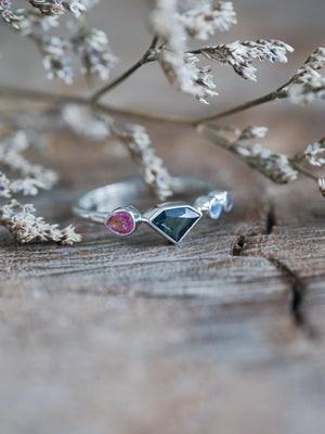Shield Sapphire and Moonstone Ring in Sterling Silver