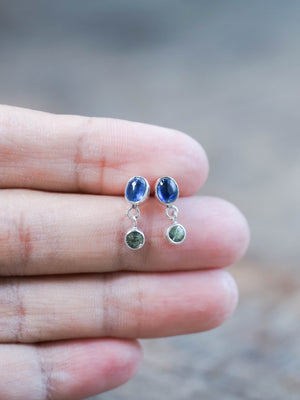 Silver Dangling Kyanite and Green Sapphire Stud Earrings
