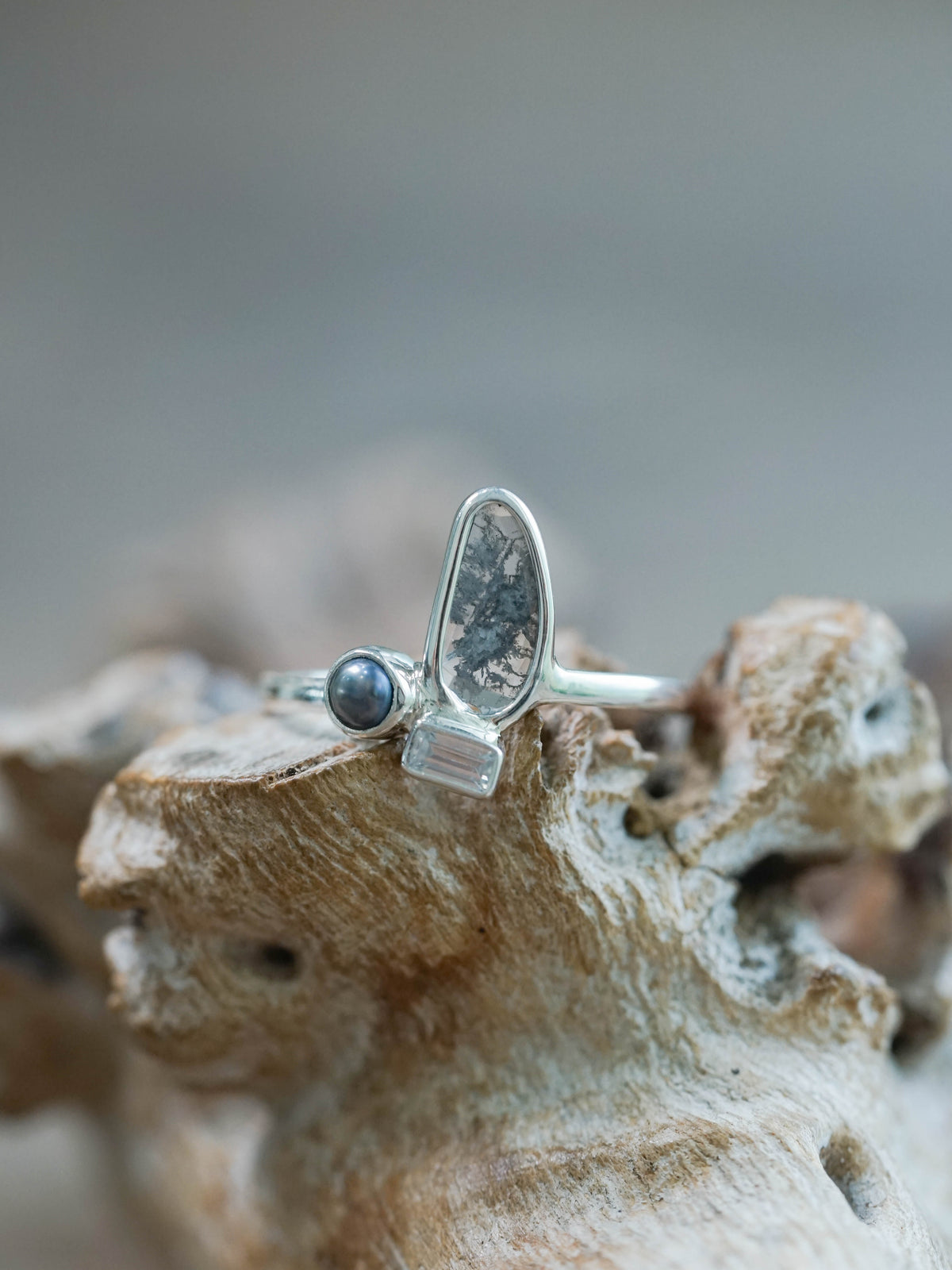 Silver Diamond Slice, Pearl and Zircon Ring