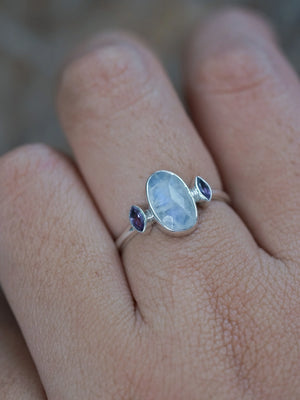 Silver Moonstone and Amethyst Ring