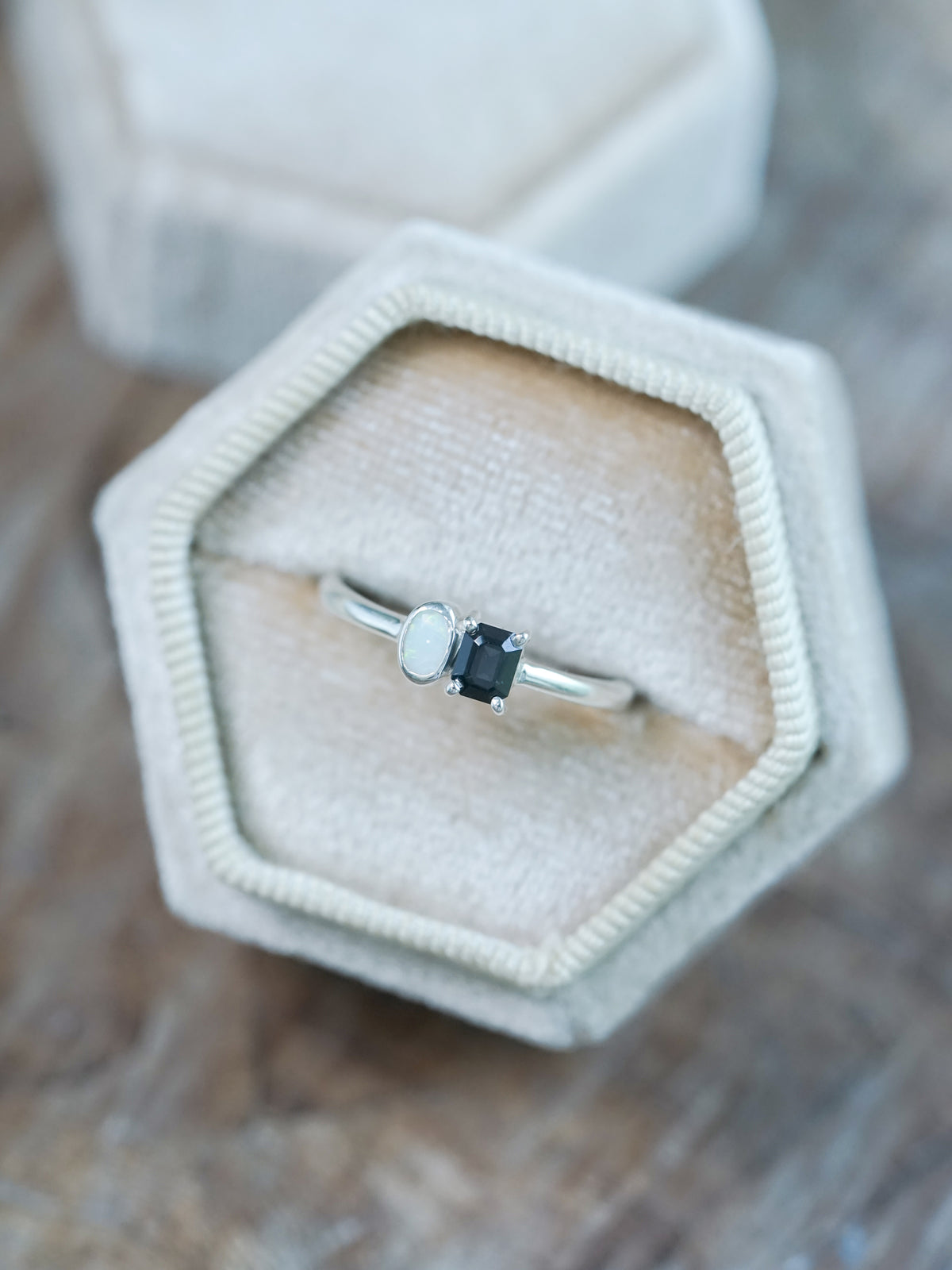 Silver Oval Opal and Spinel Ring