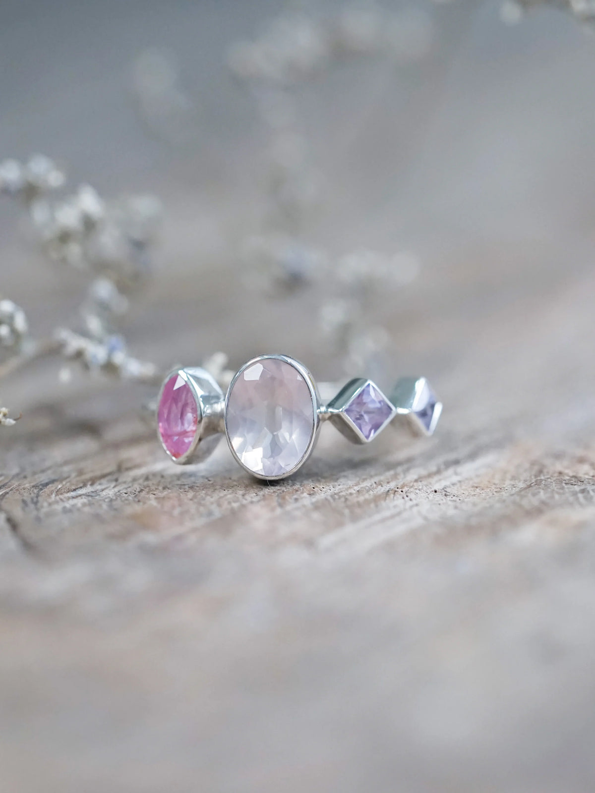 Silver Oval Rose Quartz and Sapphire Ring