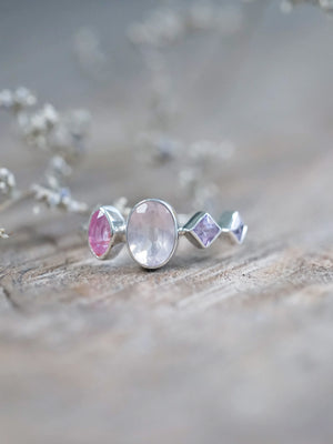 Silver Oval Rose Quartz and Sapphire Ring