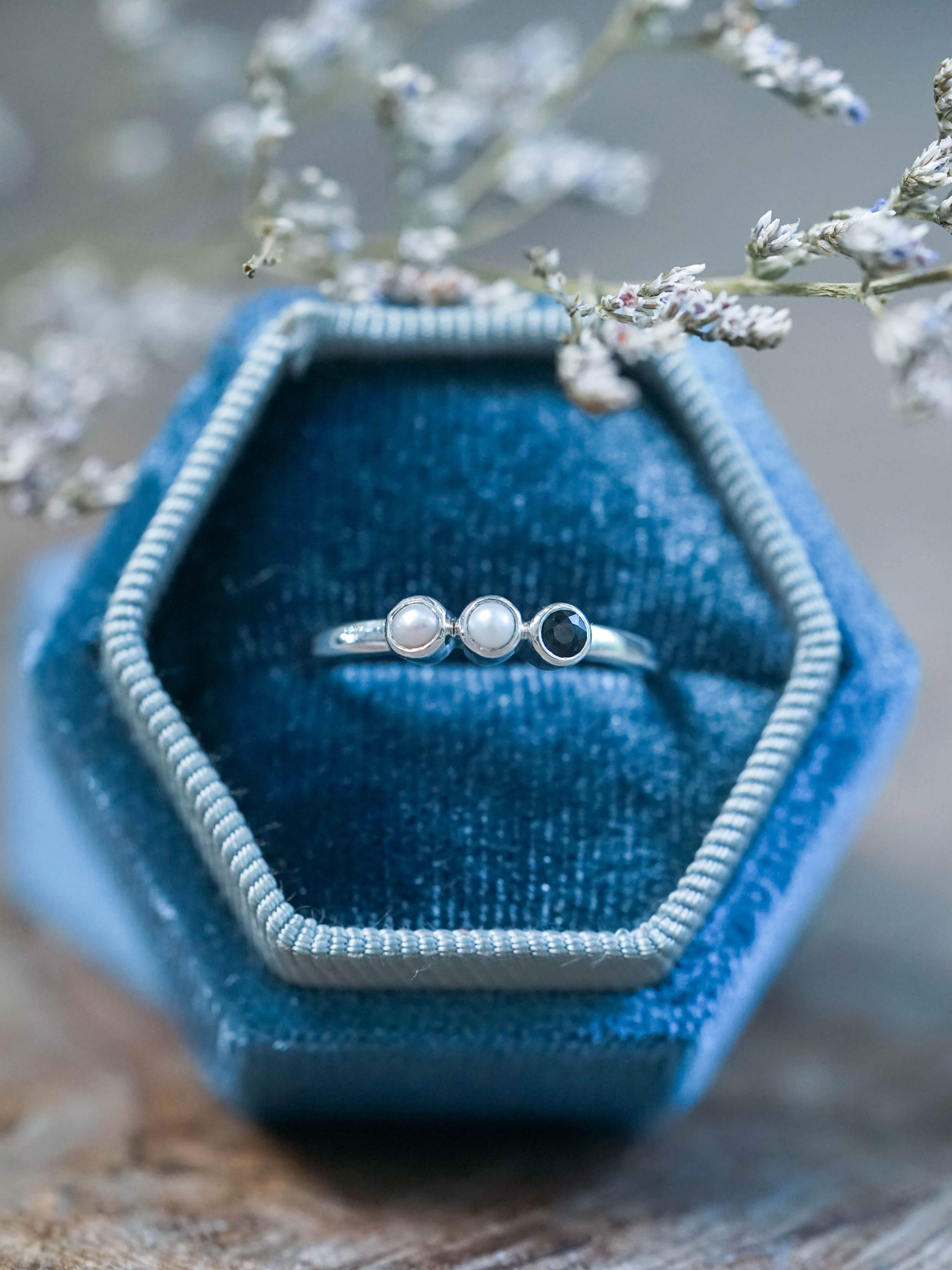 Pearl and Sapphire Ring in Sterling Silver Gardens of the Sun