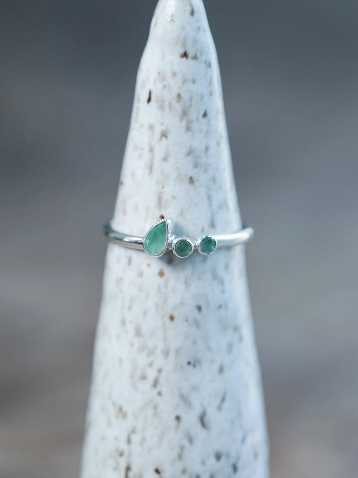 Silver Round and Pear Emerald Ring